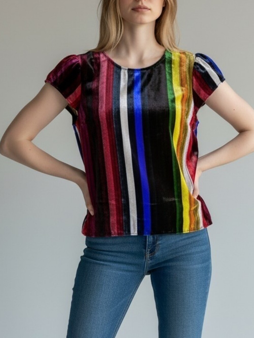 Milly Striped Velvet Rainbow Cap Sleeve Top Blouse ..Size 6
